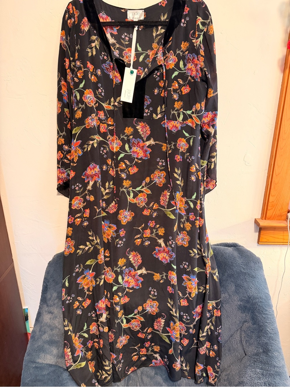 JADE by Johnny Was Black Floral Midi Dress with Velvet Trim